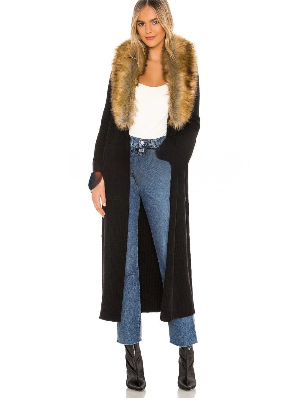 Show Me Your MuMu Black Long Cardigan with Faux Fur Collar (Golden Brown)